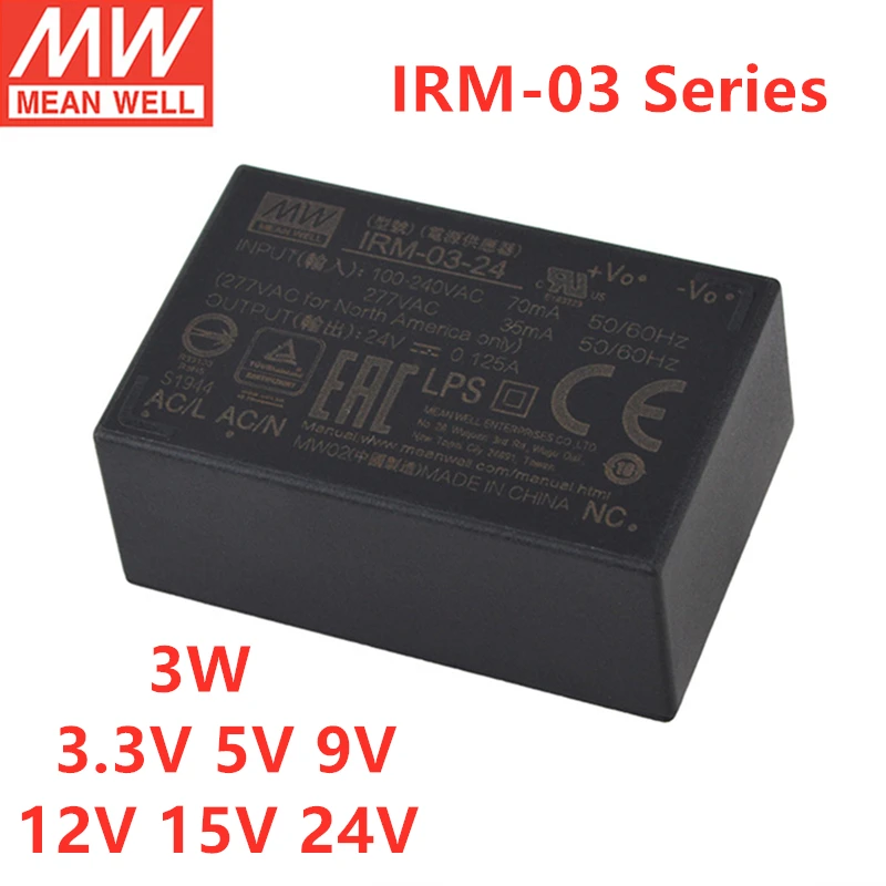 MEAN WELL PCB SMD Style IRM-03 3W Encapsulated AC-DC Module Type Power Supply 3.3V 5V 9V 12V 15V 24V
MEAN WELL PCB SMD Style IRM-03 3W Encapsulated AC-DC Module Type Power Supply 3.3V 5V 9V 12V 15V 24V