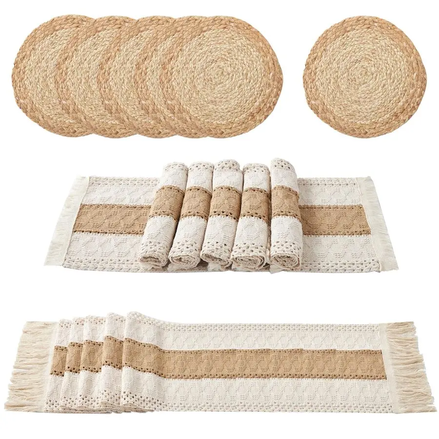 Boho Placemats Set of 13 PCS Handmade Grass Woven Meal Mats and Natural Cotton Linen Burlap, with 1 Macrame Burlap Table Runner
Boho Placemats Set of 13 PCS Handmade Grass Woven Meal Mats and Natural Cotton Linen Burlap, with 1 Macrame Burlap Table Runner