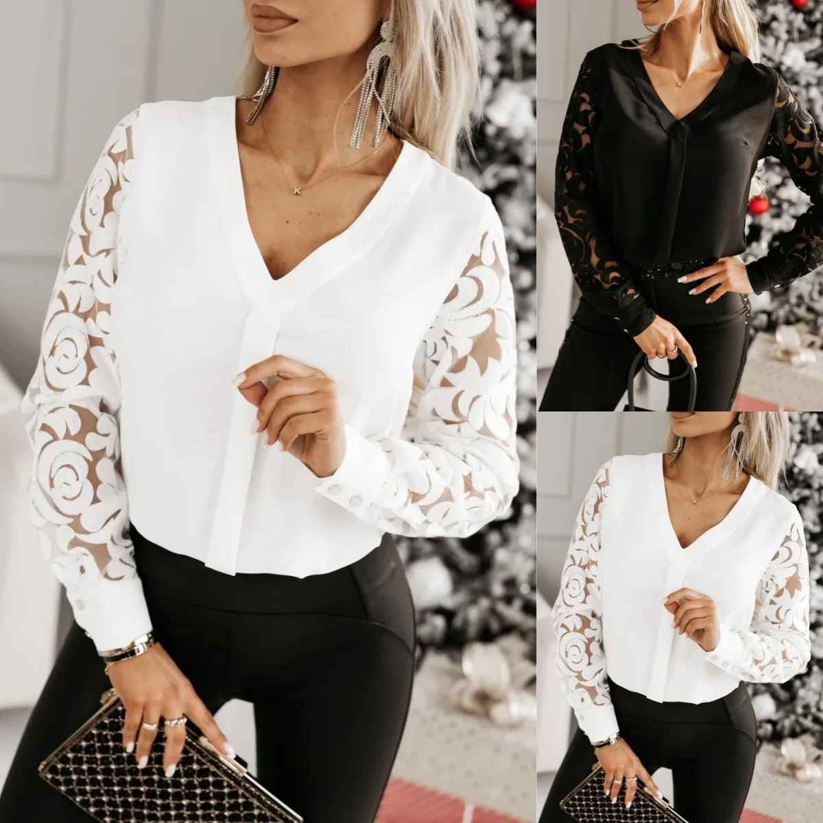 Women's Long-sleeved Shirt V-neck White Lace Hollow Elegant White Top Simple Office Blouses for Female
Women's Long-sleeved Shirt V-neck White Lace Hollow Elegant White Top Simple Office Blouses for Female