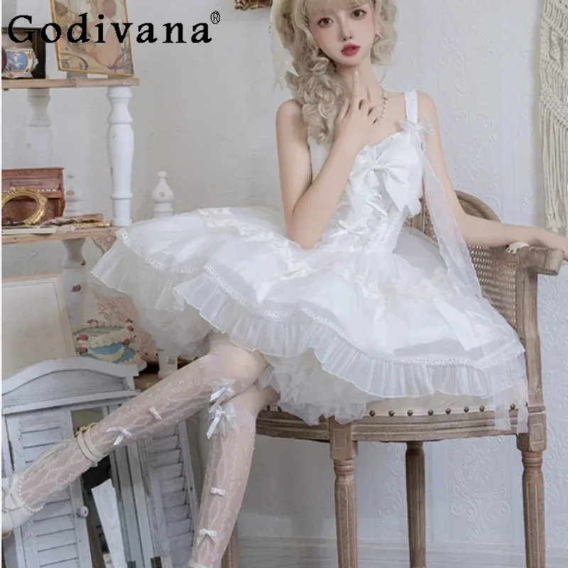 Lolita Girl White Sweet Bow Slash Neck Fairy Suspender Dress Fashion High Waist A-line Versatile Age-reducing Princess Dresses
Lolita Girl White Sweet Bow Slash Neck Fairy Suspender Dress Fashion High Waist A-line Versatile Age-reducing Princess Dresses