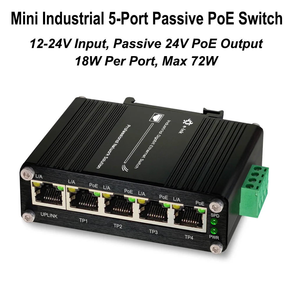 Industrial 5-Port 24V Passive PoE Switch 10/100/1000Mbps Gigabit Din Rain Ethernet Switch
Industrial 5-Port 24V Passive PoE Switch 10/100/1000Mbps Gigabit Din Rain Ethernet Switch