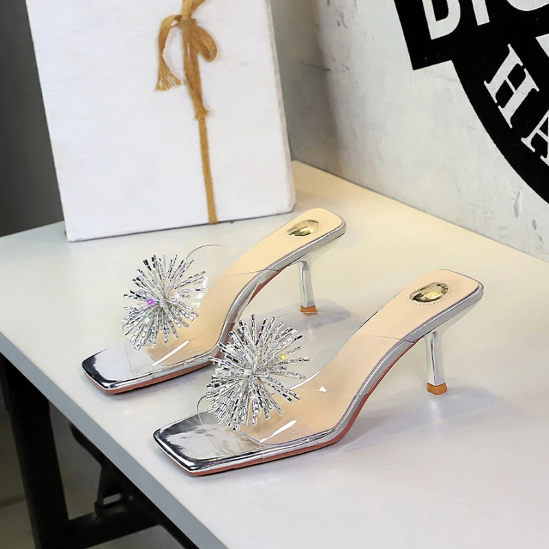 Women European Firework Rhinestone Square Peep Toe Mules Clear PVC Slip On Thin Stiletto Sexy Outdoor Banquet High Heel Slippers
Women European Firework Rhinestone Square Peep Toe Mules Clear PVC Slip On Thin Stiletto Sexy Outdoor Banquet High Heel Slippers