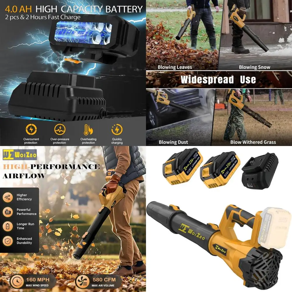 Беспроводная электрическая воздуходувка для листьев с 2 аккумуляторами емкостью 4,0 Ач, 21 В, 6 режимов скорости, 580 куб. футов в минуту и 160 миль в час для газона, листьев, пыли и снегозажи.
Беспроводная электрическая воздуходувка для листьев с 2 аккумуляторами емкостью 4,0 Ач, 21 В, 6 режимов скорости, 580 куб. футов в минуту и 160 миль в час для газона, листьев, пыли и снегозажи.