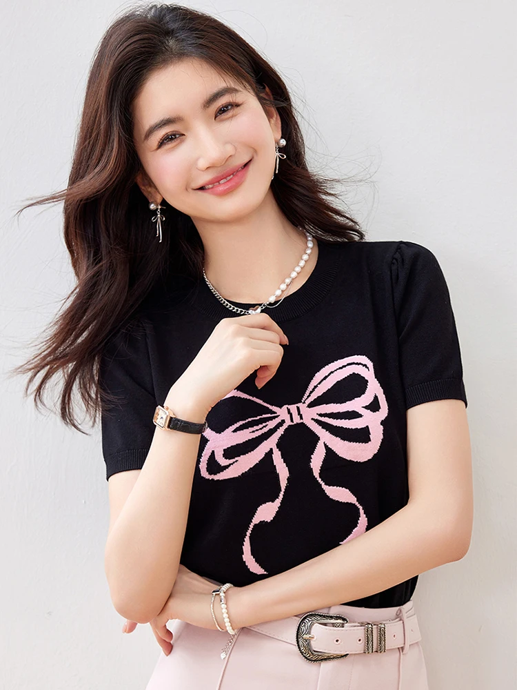 Fashion Elegant Short Sleeve O-Neck T-shirt Women Summer Vintage Chic Pullover Tops Sweet Bow Knitwear Sweater
Fashion Elegant Short Sleeve O-Neck T-shirt Women Summer Vintage Chic Pullover Tops Sweet Bow Knitwear Sweater