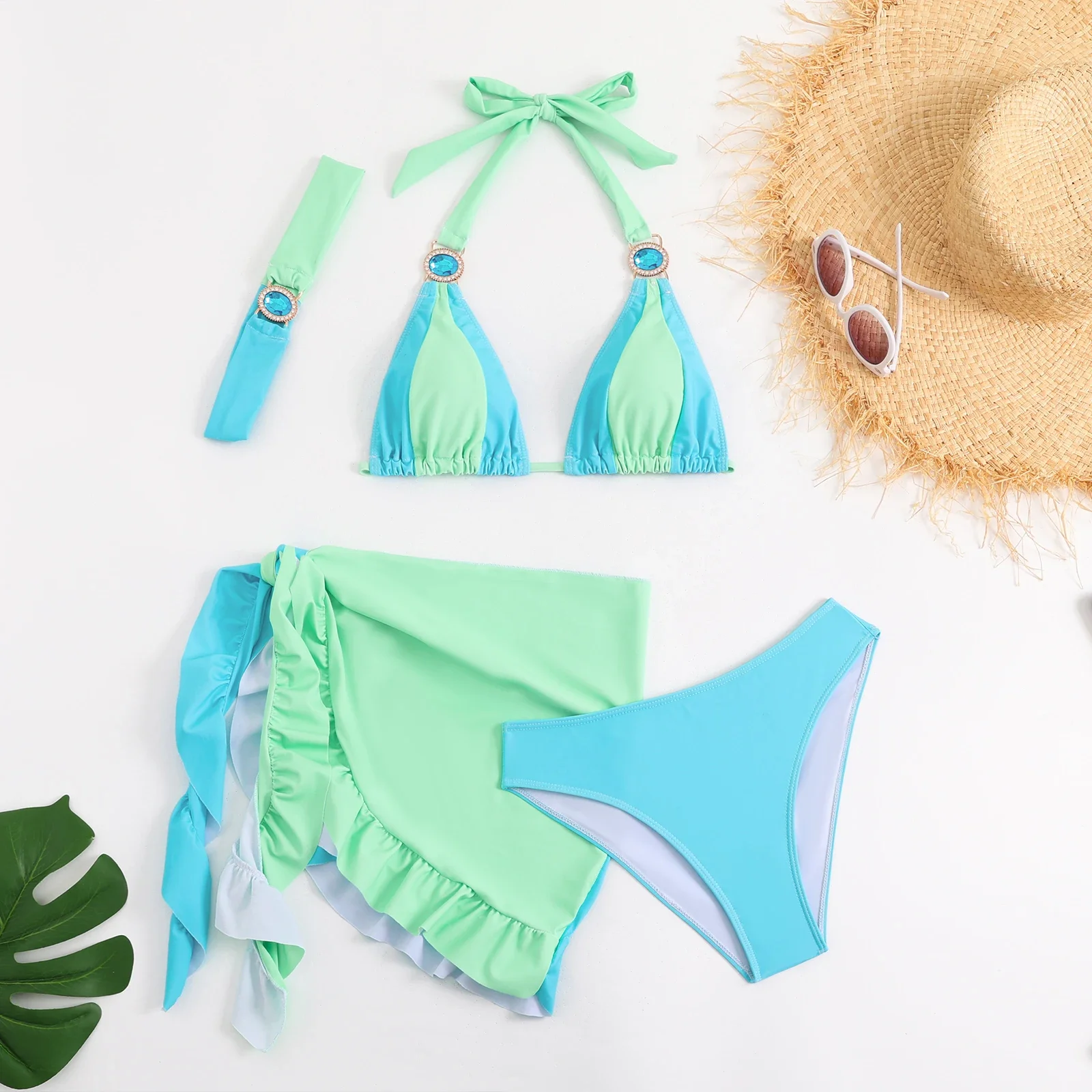 Blue Green Patchwork 4-Piece Swimsuit for Women,2024 Summer New,sexy Beach Skirt Bikini,suspender Backless Bathing Suit,Swimwear
Blue Green Patchwork 4-Piece Swimsuit for Women,2024 Summer New,sexy Beach Skirt Bikini,suspender Backless Bathing Suit,Swimwear