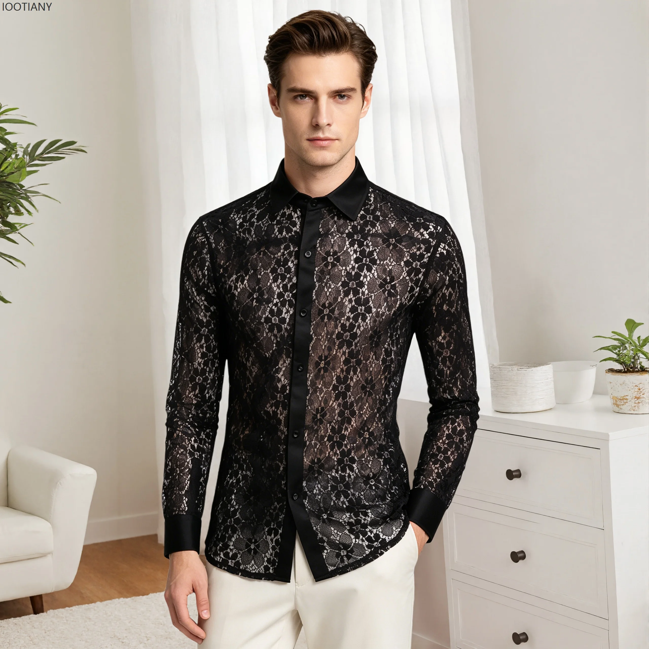 Turn Down Collar Lace Flower Embroidery Men Shirts Fashion Long Sleeve Transparent Sexy Shirt Through Clubwear Party Clothing
Turn Down Collar Lace Flower Embroidery Men Shirts Fashion Long Sleeve Transparent Sexy Shirt Through Clubwear Party Clothing