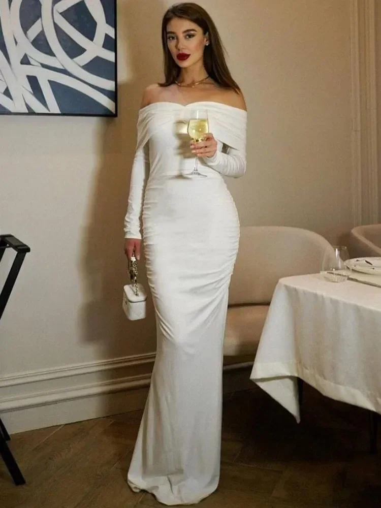 White Pleated Slim Maxi Dress Elegant for Women Patchwork Off-Shoulder Fashion High Waist Dress Ladies Solid Party Dress
White Pleated Slim Maxi Dress Elegant for Women Patchwork Off-Shoulder Fashion High Waist Dress Ladies Solid Party Dress