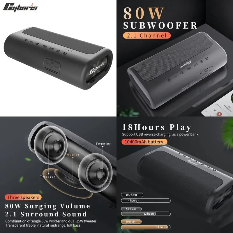Cyboris T9 BT 5.3 Portable Speakers Bass Subwoofer Wireless Deep Waterproof TWS 10400mAh Power Bank Function Suporrt
Cyboris T9 BT 5.3 Portable Speakers Bass Subwoofer Wireless Deep Waterproof TWS 10400mAh Power Bank Function Suporrt