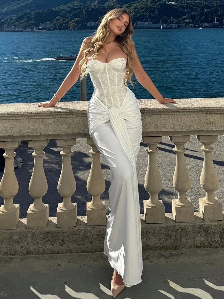 VC White Strapless Corset Maxi Dress with Draped Waist Elegant Sequin Patchwork Summer Vacation Evening Gown Nightclub Vestidos
VC White Strapless Corset Maxi Dress with Draped Waist Elegant Sequin Patchwork Summer Vacation Evening Gown Nightclub Vestidos