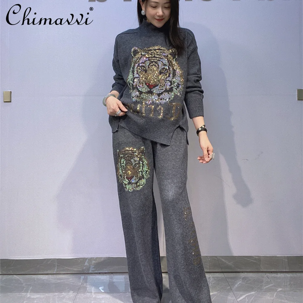 Fashion Tiger Head Rhinestone Knitted Set Autumn Winter New Heavy Long Sleeve Pullover High Neck Sweater Wide Leg Pants 2Piece
Fashion Tiger Head Rhinestone Knitted Set Autumn Winter New Heavy Long Sleeve Pullover High Neck Sweater Wide Leg Pants 2Piece