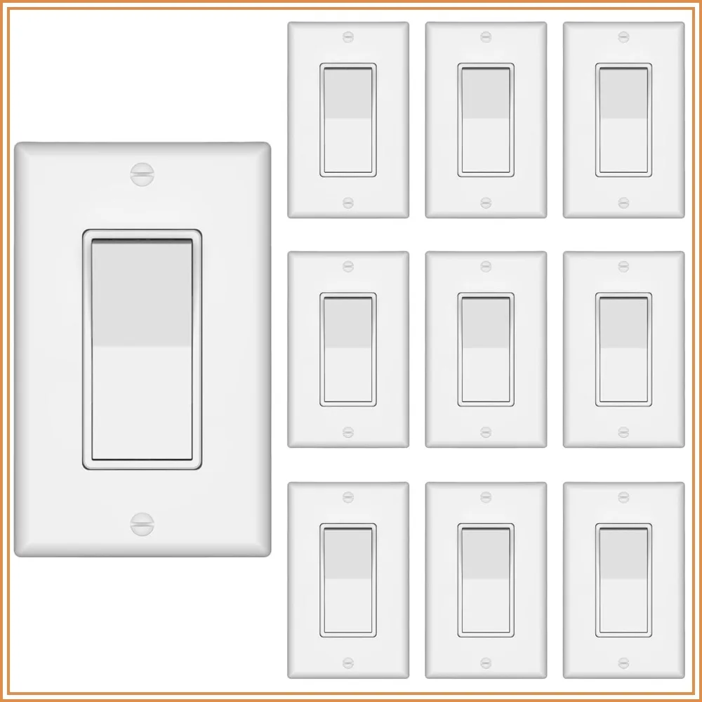 10-Pack Single Pole Decorator Wall Light Switch, 15A 120V/277V, On/Off Paddle, White, with Wall Plates
10-Pack Single Pole Decorator Wall Light Switch, 15A 120V/277V, On/Off Paddle, White, with Wall Plates