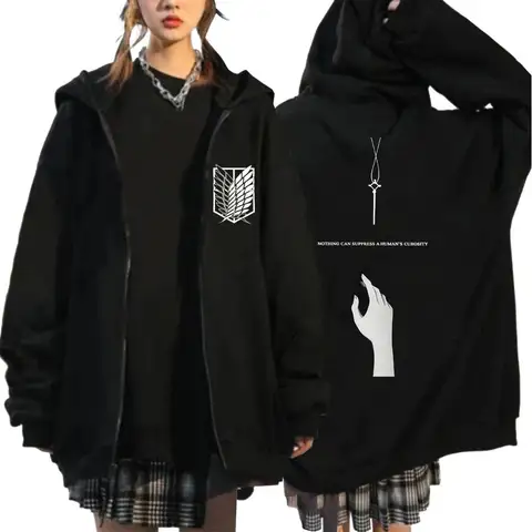 Japan Anime Attack on Titan Zip Up Hoodies Retro Survey Corps Emblem Manga Hip Hop Sweatshirt Men Women Oversized Fleece Jackets