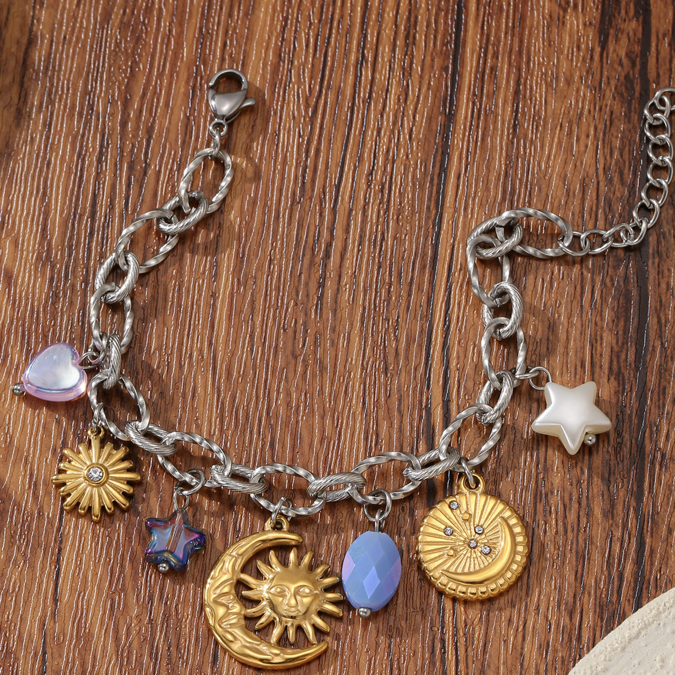 Two-Tone Stainless Steel Sun and Moon Charm Bracelet with Colorful Beads for Women
Two-Tone Stainless Steel Sun and Moon Charm Bracelet with Colorful Beads for Women
