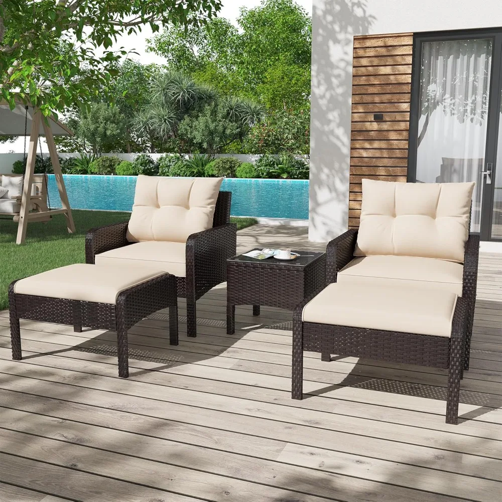 Outdoor 5-piece terrace furniture set, PE rattan chairs with Ottoman and table, small bar set for front porch and garden,
Outdoor 5-piece terrace furniture set, PE rattan chairs with Ottoman and table, small bar set for front porch and garden,