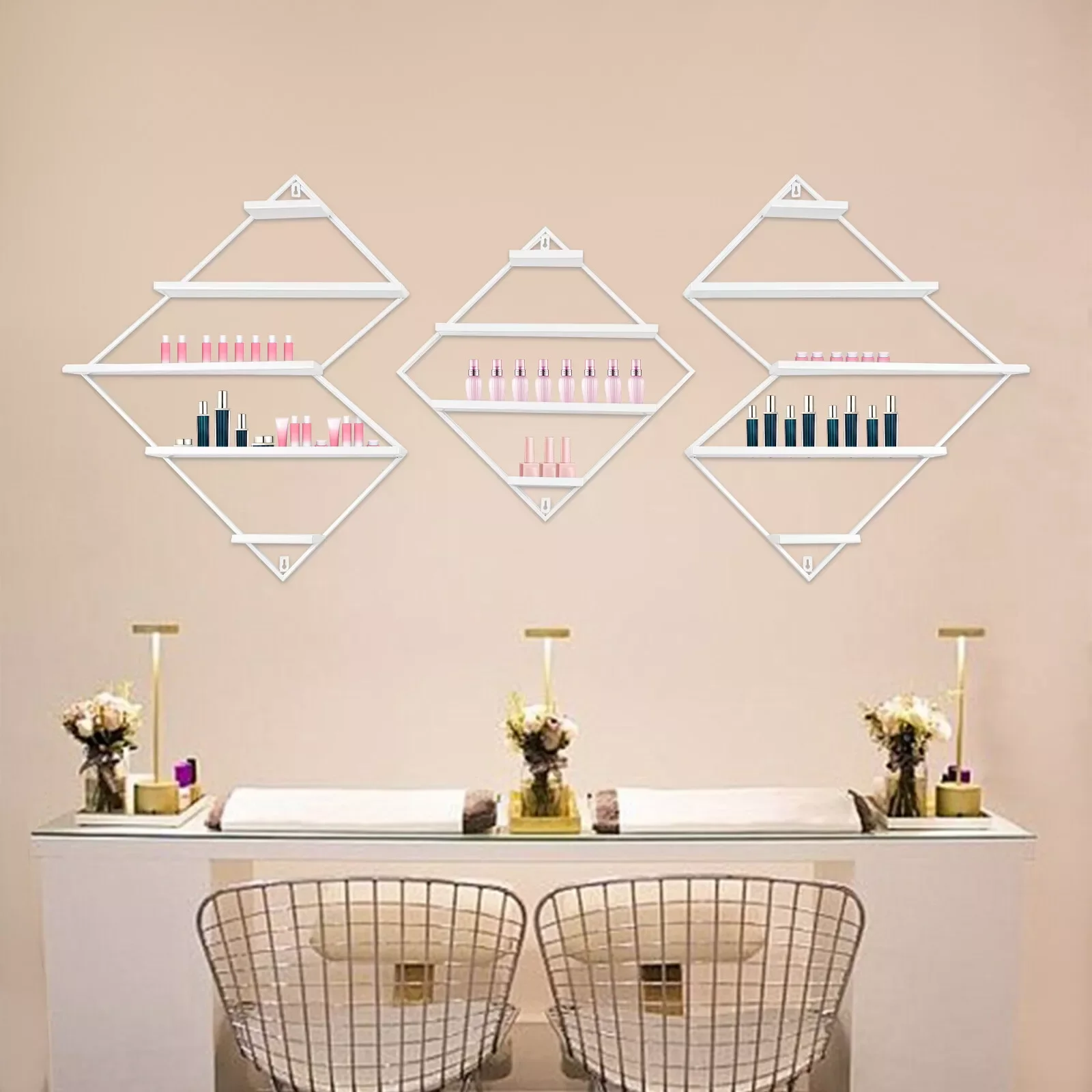 3-Piece Nail Polish Display Rack Set, Storage Racks, Wall-Mounted, Multi-Tier, Diamond Shape, Iron, White, 22.05lbs Capacity
3-Piece Nail Polish Display Rack Set, Storage Racks, Wall-Mounted, Multi-Tier, Diamond Shape, Iron, White, 22.05lbs Capacity