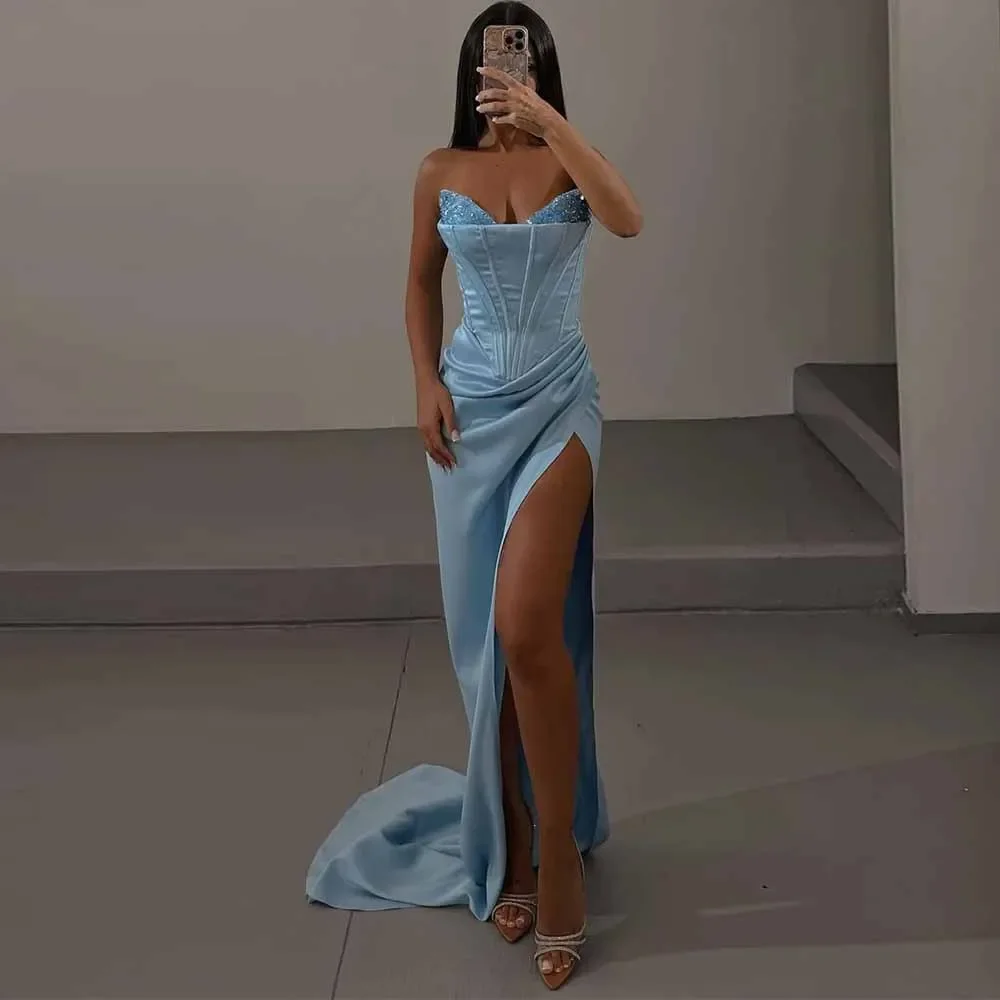 Arabia Luxury Sweep Train Evening Dresses Satin Mermaid/Trumpet Prom Dress Light Blue Sweetheart Beads Pleat Split Party Gown
Arabia Luxury Sweep Train Evening Dresses Satin Mermaid/Trumpet Prom Dress Light Blue Sweetheart Beads Pleat Split Party Gown