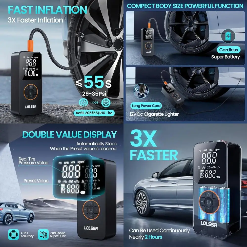 Portable Cordless Electric Air Compressor 150PSI for Cars, Motorcycles, Bikes, and Balls with Tire Gauge
Portable Cordless Electric Air Compressor 150PSI for Cars, Motorcycles, Bikes, and Balls with Tire Gauge