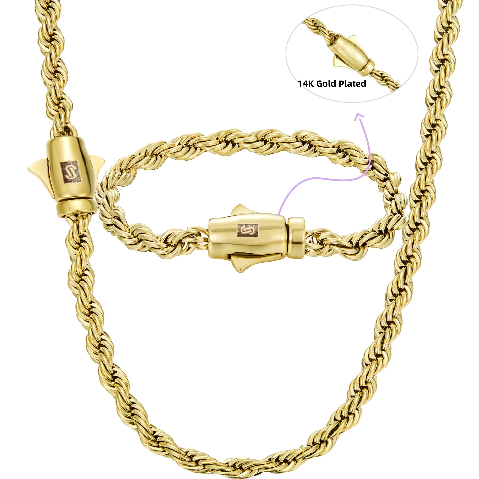 6mm 14K Gold Plated Rope Chain Necklace for Men Stainless Steel Waterproof Gold Chain Secure Clasp Father’s Day Gift
6mm 14K Gold Plated Rope Chain Necklace for Men Stainless Steel Waterproof Gold Chain Secure Clasp Father’s Day Gift