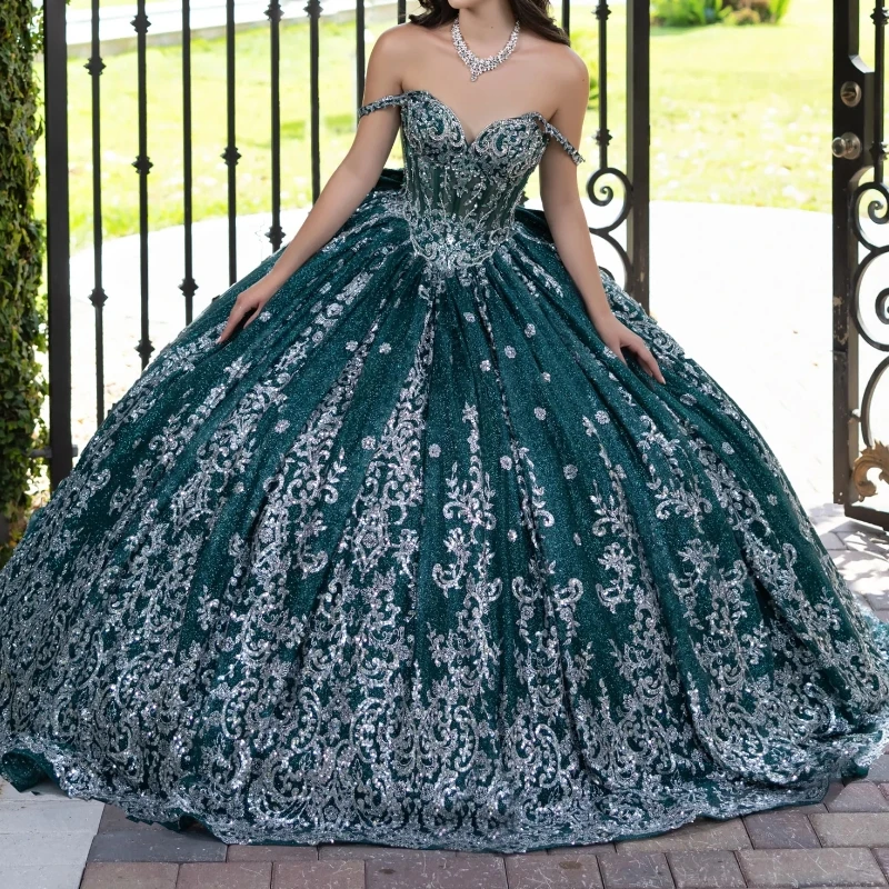 Blackish Green Shiny Ball Gown Quinceanera Dresses Off the Shoulder Sequin Applique Lace Beads Tull Party Birthday Vestidos 15
Blackish Green Shiny Ball Gown Quinceanera Dresses Off the Shoulder Sequin Applique Lace Beads Tull Party Birthday Vestidos 15