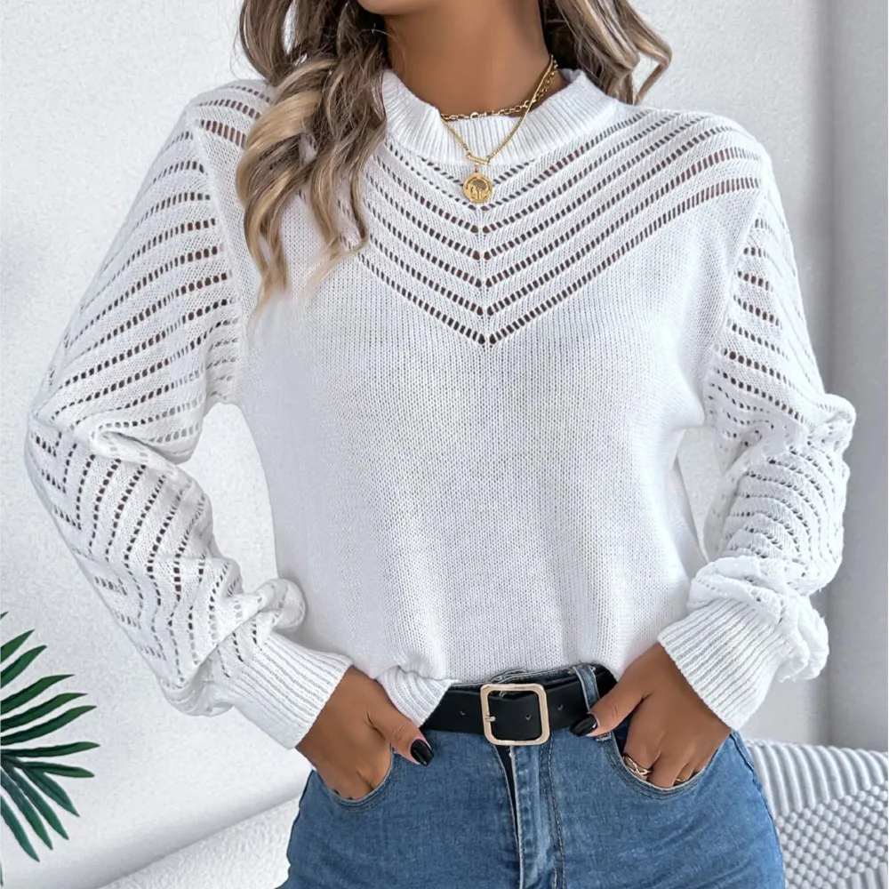 Fashionable White Hollow Knitted Top 2024 Autumn And Winter Casual Solid Color Round Neck Lantern Sleeve Sweater For Women
Fashionable White Hollow Knitted Top 2024 Autumn And Winter Casual Solid Color Round Neck Lantern Sleeve Sweater For Women