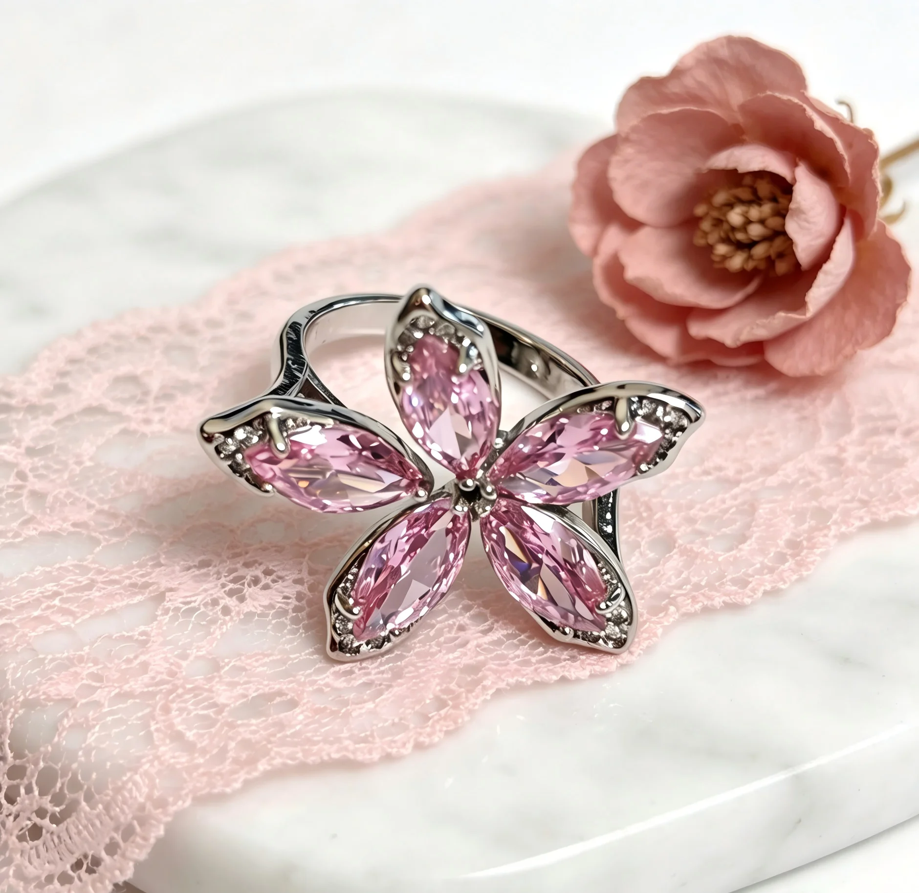 Silver Copper Pink Zircon Butterfly Flower Ring, Luxury Open Band Statement Ring for Women Fashion Jewelry
Silver Copper Pink Zircon Butterfly Flower Ring, Luxury Open Band Statement Ring for Women Fashion Jewelry