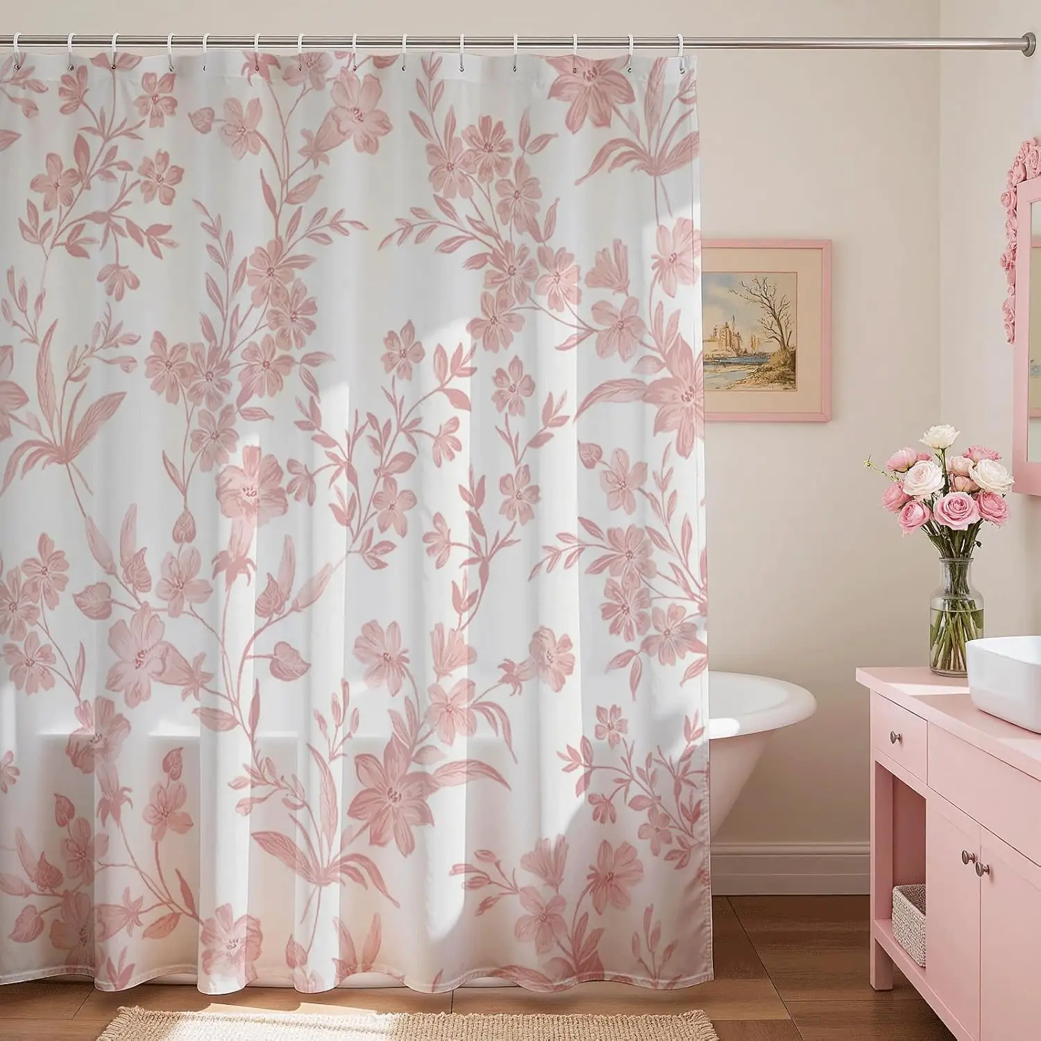 Floral Shower Curtain with 12 Hooks, Pink Fabric Bath Curtain for Spring Bathroom Decor, 72x72 Inch
Floral Shower Curtain with 12 Hooks, Pink Fabric Bath Curtain for Spring Bathroom Decor, 72x72 Inch