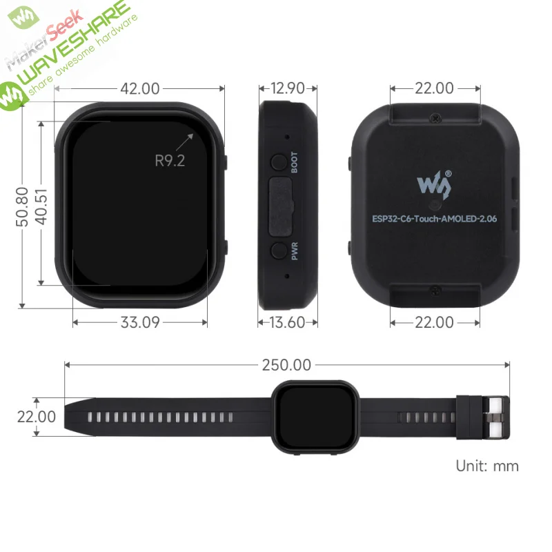 SKU-32769 Waveshare ESP32-C6 2.06inch AMOLED Touch Watch Development Board, 410×502 Pixels, RISC-V 32-bit Processor, Supports Wi
SKU-32769 Waveshare ESP32-C6 2.06inch AMOLED Touch Watch Development Board, 410×502 Pixels, RISC-V 32-bit Processor, Supports Wi