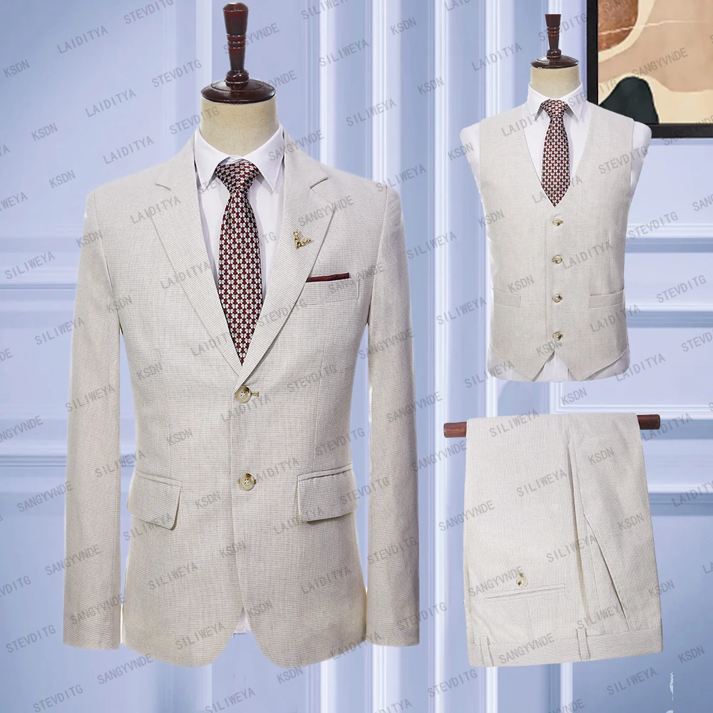 2023 New Fashion Men's Linen Set Business Casual Light Khaki Notched Lapel Groom Fitted Tuxedo 3 Piece Jacket Vest Pants
2023 New Fashion Men's Linen Set Business Casual Light Khaki Notched Lapel Groom Fitted Tuxedo 3 Piece Jacket Vest Pants