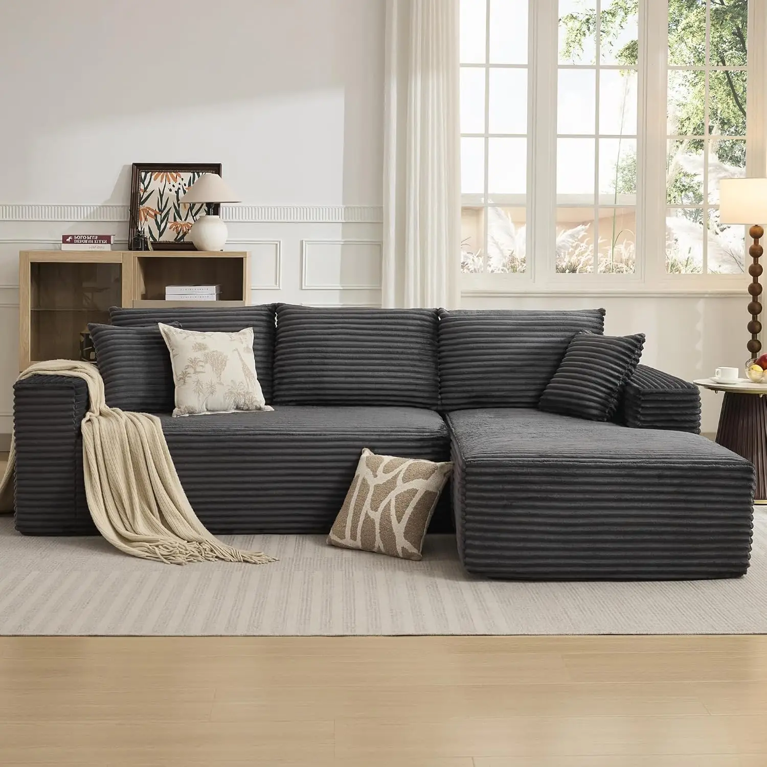 Garvee 108 in L-Shaped Modular Sectional Couch with Left Chaise, Plush Corduroy Fabric Upholstered Sofa, No Assembly Required
Garvee 108 in L-Shaped Modular Sectional Couch with Left Chaise, Plush Corduroy Fabric Upholstered Sofa, No Assembly Required