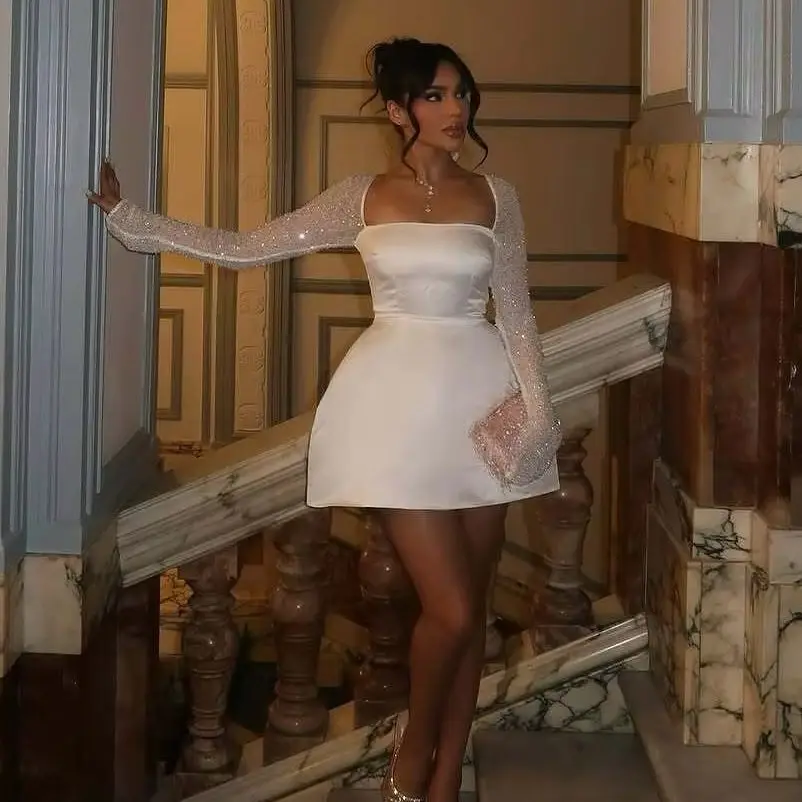 Sexy White Wedding Dresses New Square Collar Bridal Gowns Long Shiny Sleeves Glitter Short Robes de Soriee Customized
Sexy White Wedding Dresses New Square Collar Bridal Gowns Long Shiny Sleeves Glitter Short Robes de Soriee Customized