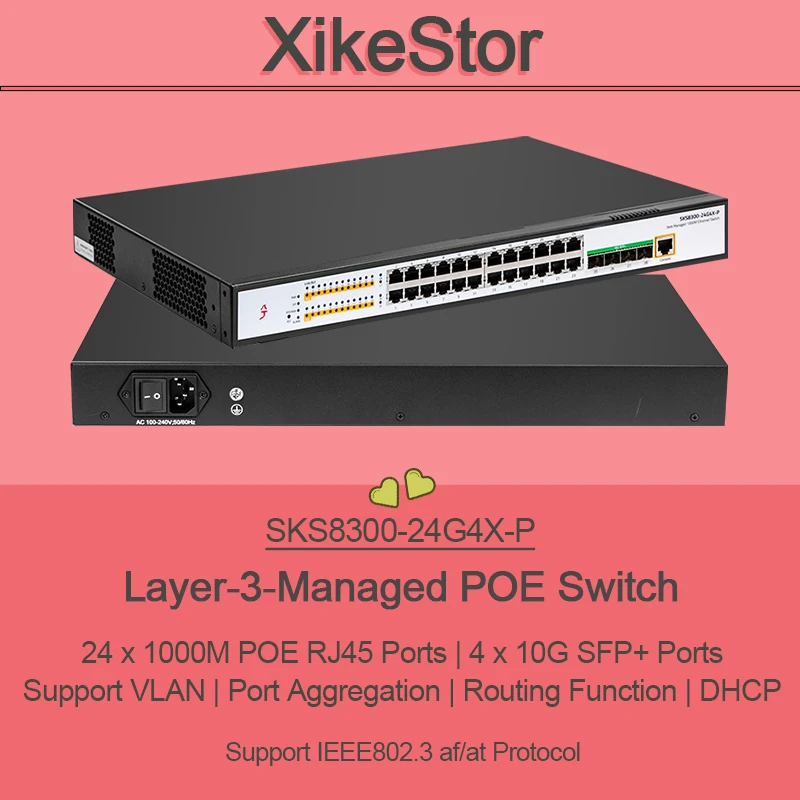 XikeStor Layer-3-Managed POE Switch 24×1000M POE RJ45 Ports|4×10G SFP+Ports VLAN|Port Aggregation|RoutingFunction
XikeStor Layer-3-Managed POE Switch 24×1000M POE RJ45 Ports|4×10G SFP+Ports VLAN|Port Aggregation|RoutingFunction