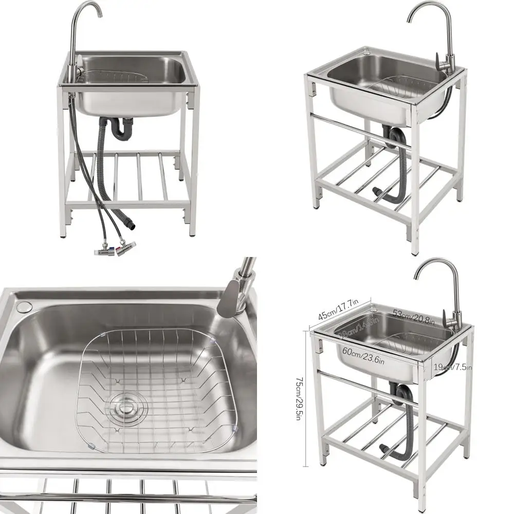 Stainless Steel Single Bowl Utility Sink with Hot/Cold Faucet, Freestanding Basin, Commercial Handwash Station, Storage Shelves
Stainless Steel Single Bowl Utility Sink with Hot/Cold Faucet, Freestanding Basin, Commercial Handwash Station, Storage Shelves