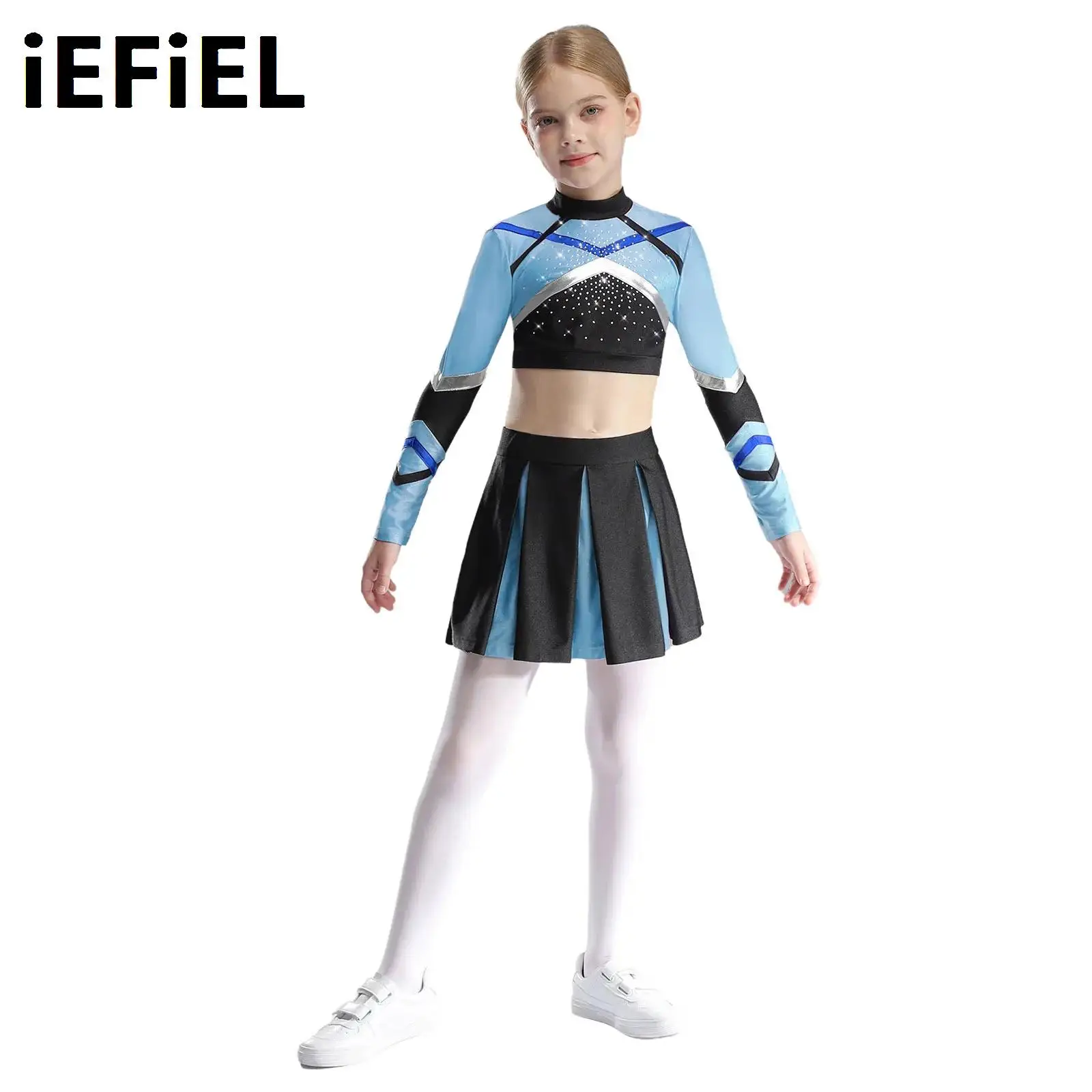 Kids Girls Cheerleading Dance Sets Contrast Color Long Sleeve Keyhole Back Shiny Rhinestones Crop Top with Pleated Skirt
Kids Girls Cheerleading Dance Sets Contrast Color Long Sleeve Keyhole Back Shiny Rhinestones Crop Top with Pleated Skirt