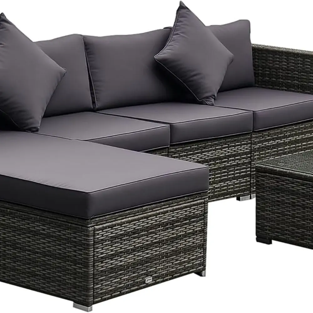 All-Weather Outdoor Wicker 6-Piece Patio Furniture Set with Cushions, Tempered Glass Top, Gray Tones
All-Weather Outdoor Wicker 6-Piece Patio Furniture Set with Cushions, Tempered Glass Top, Gray Tones