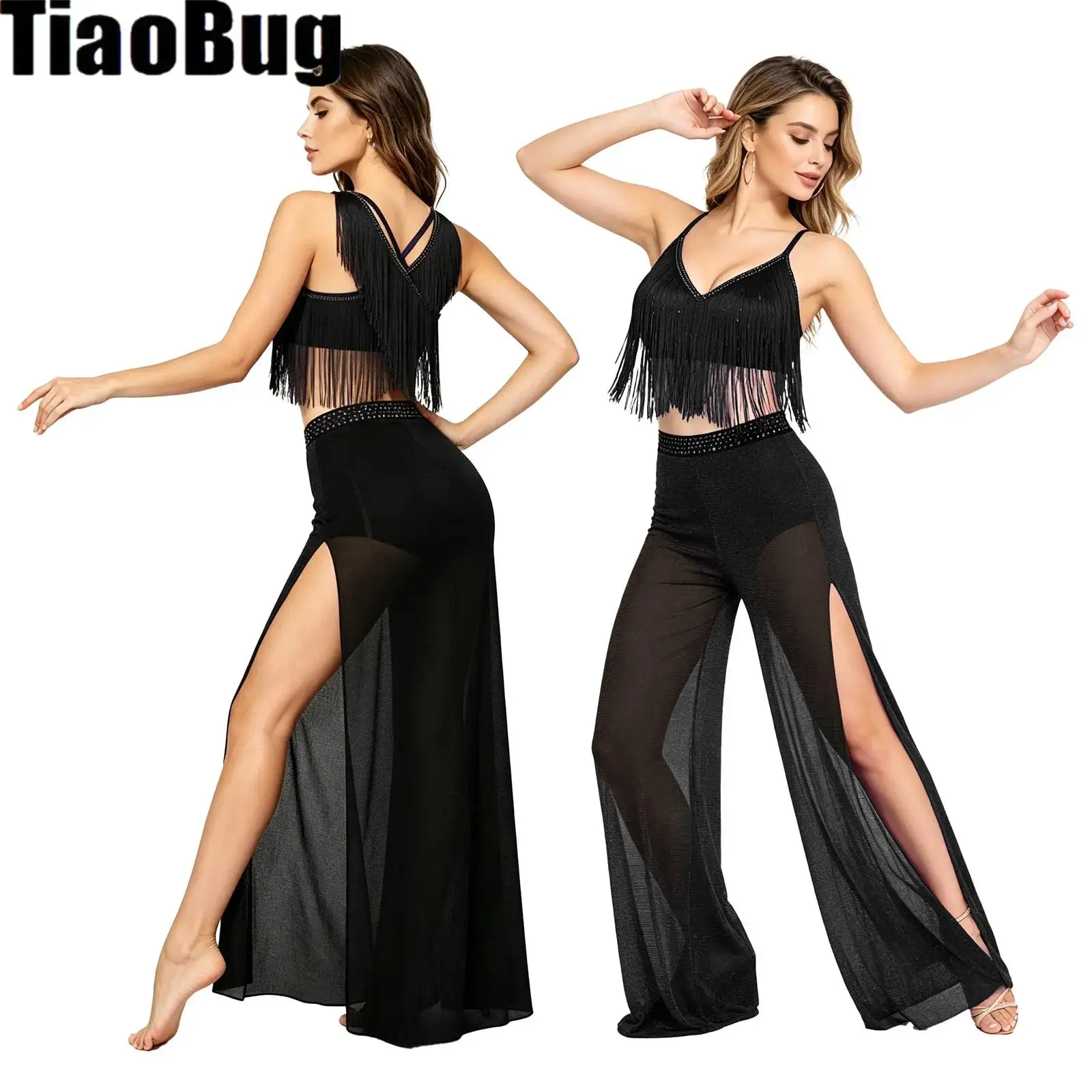 Womens Modern Dance Outfit V-neck Sleeveless Back Crossing Fringed Crop Top And Mesh Wide Leg Pants with Briefs
Womens Modern Dance Outfit V-neck Sleeveless Back Crossing Fringed Crop Top And Mesh Wide Leg Pants with Briefs
