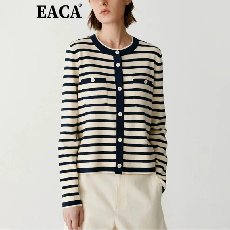 EACA 2022, осенний новый однобортный вязаный кардиган контрастного цвета в полоску с круглым вырезом, модный темпераментный топ 
EACA 2022, осенний новый однобортный вязаный кардиган контрастного цвета в полоску с круглым вырезом, модный темпераментный топ