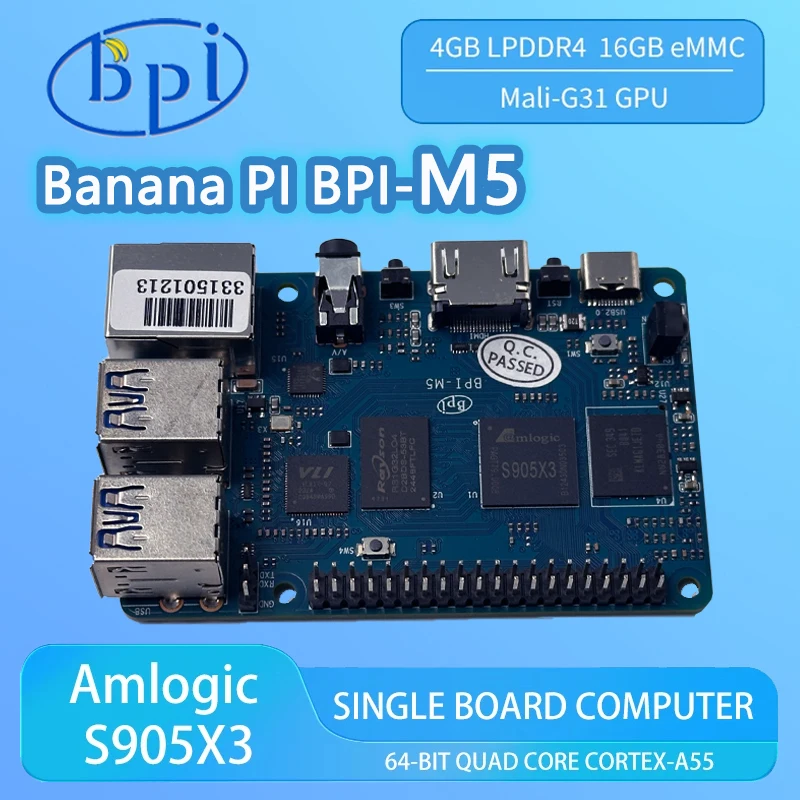 Banana PI BPI-M5 Amlogic S905X3 Четырехъядерный процессор Cortex-A55 (2,0–2–3 ГГц), 4 ГБ оперативной памяти LPDDR4, 16 ГБ eMMC FlashDev, одноплатная поддержка Linux
Banana PI BPI-M5 Amlogic S905X3 Четырехъядерный процессор Cortex-A55 (2,0–2–3 ГГц), 4 ГБ оперативной памяти LPDDR4, 16 ГБ eMMC FlashDev, одноплатная поддержка Linux