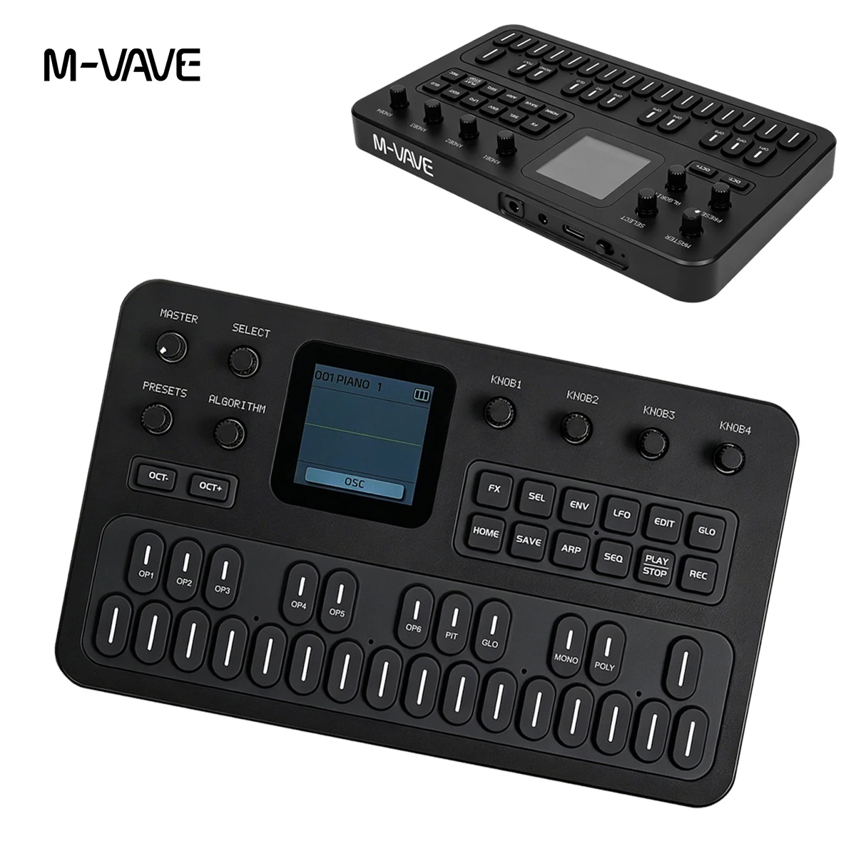 M-VAVE FM1(SK15) Mini FM-1 Synthesizer – 27 Keys, 3-Channel MIDI (USB/Bluetooth/3.5mm), 12h Battery, TFT Display, Black Edition
M-VAVE FM1(SK15) Mini FM-1 Synthesizer – 27 Keys, 3-Channel MIDI (USB/Bluetooth/3.5mm), 12h Battery, TFT Display, Black Edition
