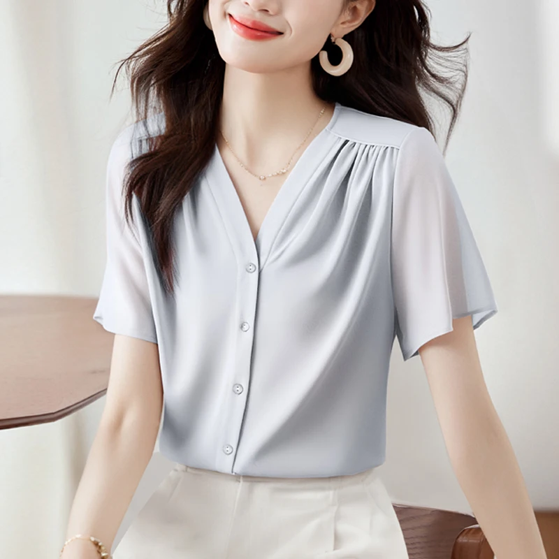 Summer New Women Short Sleeve Chiffon Blouses V Neck Solid Shit Vintage Office Wear Work Business Casual Tops
Summer New Women Short Sleeve Chiffon Blouses V Neck Solid Shit Vintage Office Wear Work Business Casual Tops