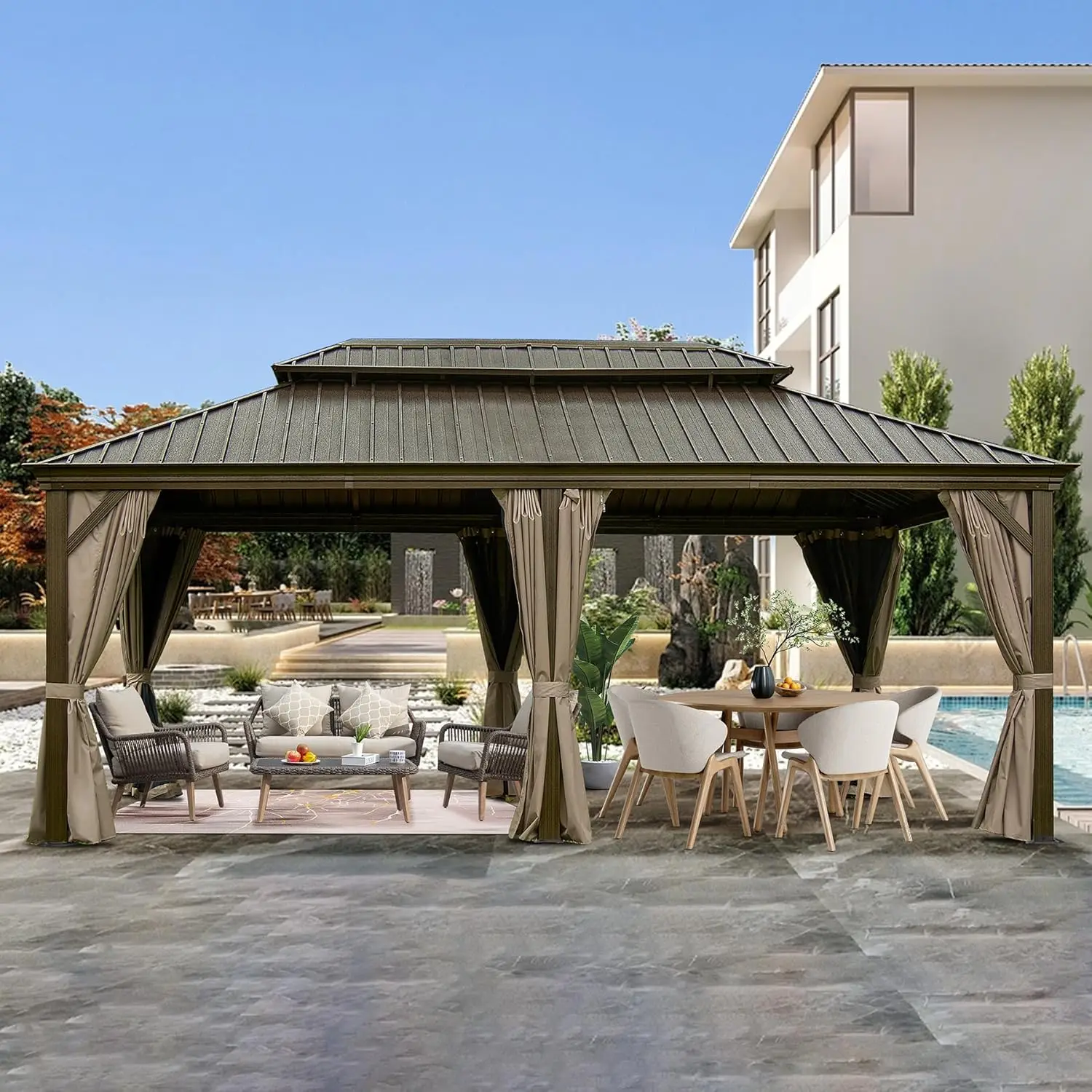 12x20FT Hardtop Gazebo with Netting Curtains Outdoor Aluminum Frame Gazebo with Galvanized Steel Double Roof Outdoor Permanent
12x20FT Hardtop Gazebo with Netting Curtains Outdoor Aluminum Frame Gazebo with Galvanized Steel Double Roof Outdoor Permanent