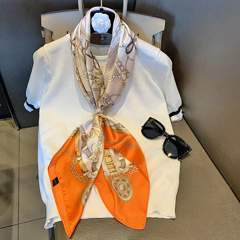 Orange Scarf with Chain Design High End Silk Scarf 1PC Square Shawl Sunscreen Fashion Wrap Scarf Clips for Women 90CM
Orange Scarf with Chain Design High End Silk Scarf 1PC Square Shawl Sunscreen Fashion Wrap Scarf Clips for Women 90CM