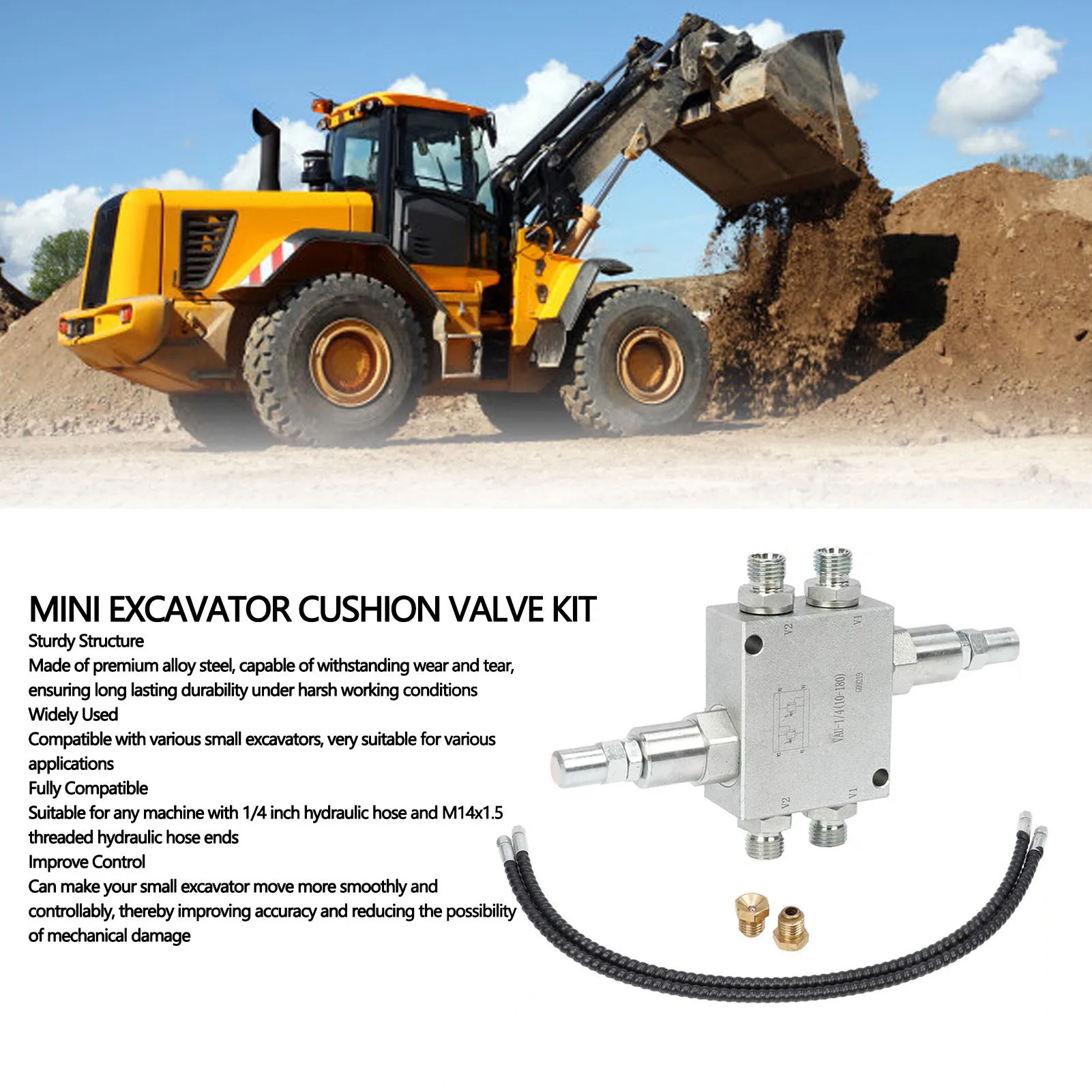 Mini Excavator Cushion Valve Kit Alloy Steel for Mini Excavator with 1/4 Inch Hydraulic Hose and M14x1.5 Threaded Joint
Mini Excavator Cushion Valve Kit Alloy Steel for Mini Excavator with 1/4 Inch Hydraulic Hose and M14x1.5 Threaded Joint
