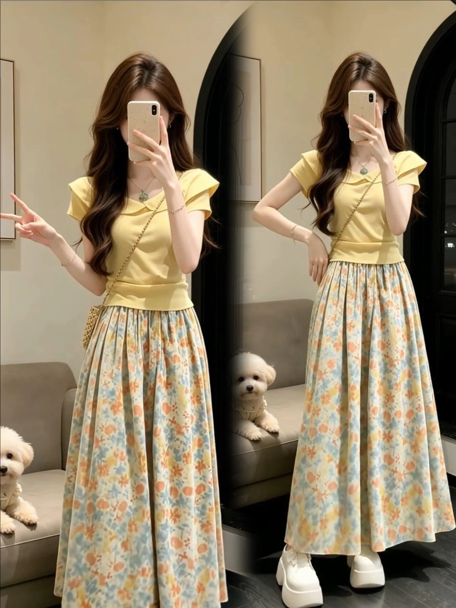 Korean Style Ins Floral Print Half Skirt And Top Set in Milk Yellow High Waist Casual Summer Fashion Elegant Two-Piece Suit
Korean Style Ins Floral Print Half Skirt And Top Set in Milk Yellow High Waist Casual Summer Fashion Elegant Two-Piece Suit