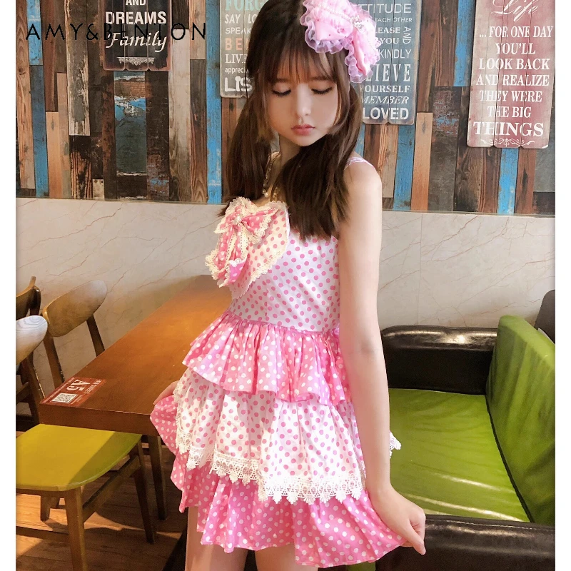 Japanese Sweet Pink Polka Dot Splicing Cute Princess Girl Dress Summer New Strap Ruffle Hot Girl Bow A-line Short Dresses Ladies
Japanese Sweet Pink Polka Dot Splicing Cute Princess Girl Dress Summer New Strap Ruffle Hot Girl Bow A-line Short Dresses Ladies