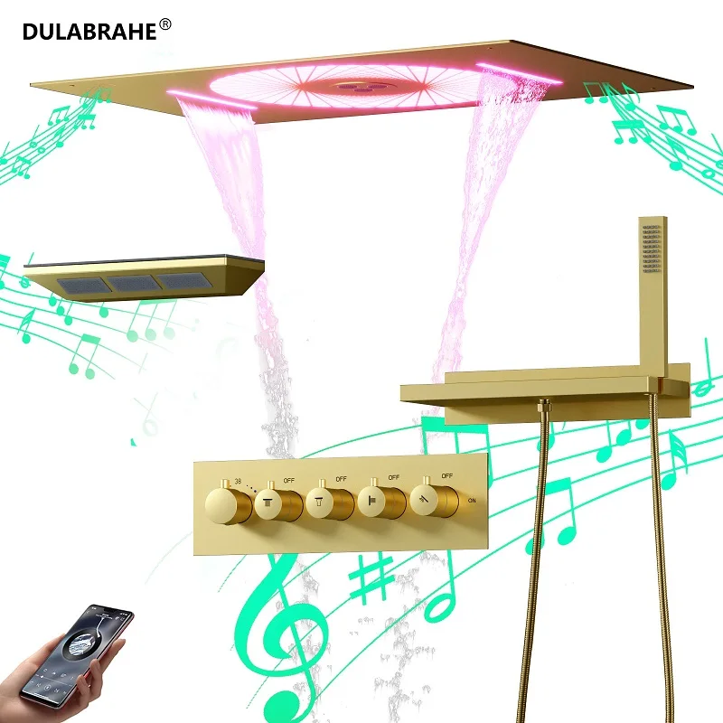 Gold Brass LED Light Music Ceiling-mounted install Shower head Shower Kit mixer Set 4 Mode Bathroom shower faucet Thermostatic
Gold Brass LED Light Music Ceiling-mounted install Shower head Shower Kit mixer Set 4 Mode Bathroom shower faucet Thermostatic