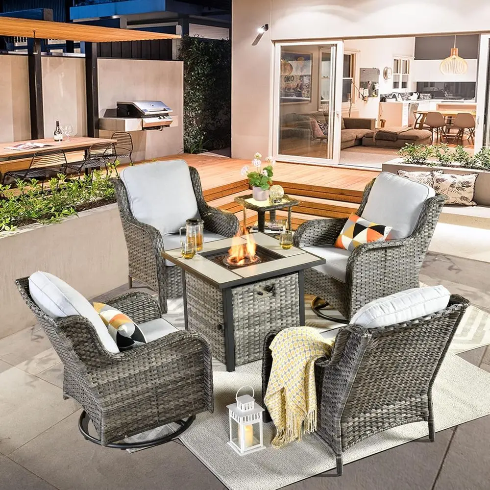 6-Piece Outdoor Patio Furniture Set with Fire Pit Table and Swivel Rocking Chairs in Gray
6-Piece Outdoor Patio Furniture Set with Fire Pit Table and Swivel Rocking Chairs in Gray