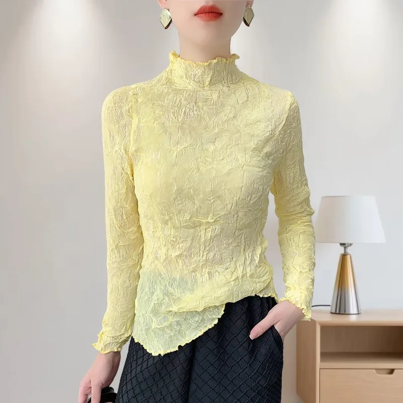 Miyake плиссированные топы, женская нижняя рубашка, повседневная универсальная тонкая футболка с длинными рукавами, эластичная полупрозрачная нижняя рубашка
Miyake плиссированные топы, женская нижняя рубашка, повседневная универсальная тонкая футболка с длинными рукавами, эластичная полупрозрачная нижняя рубашка