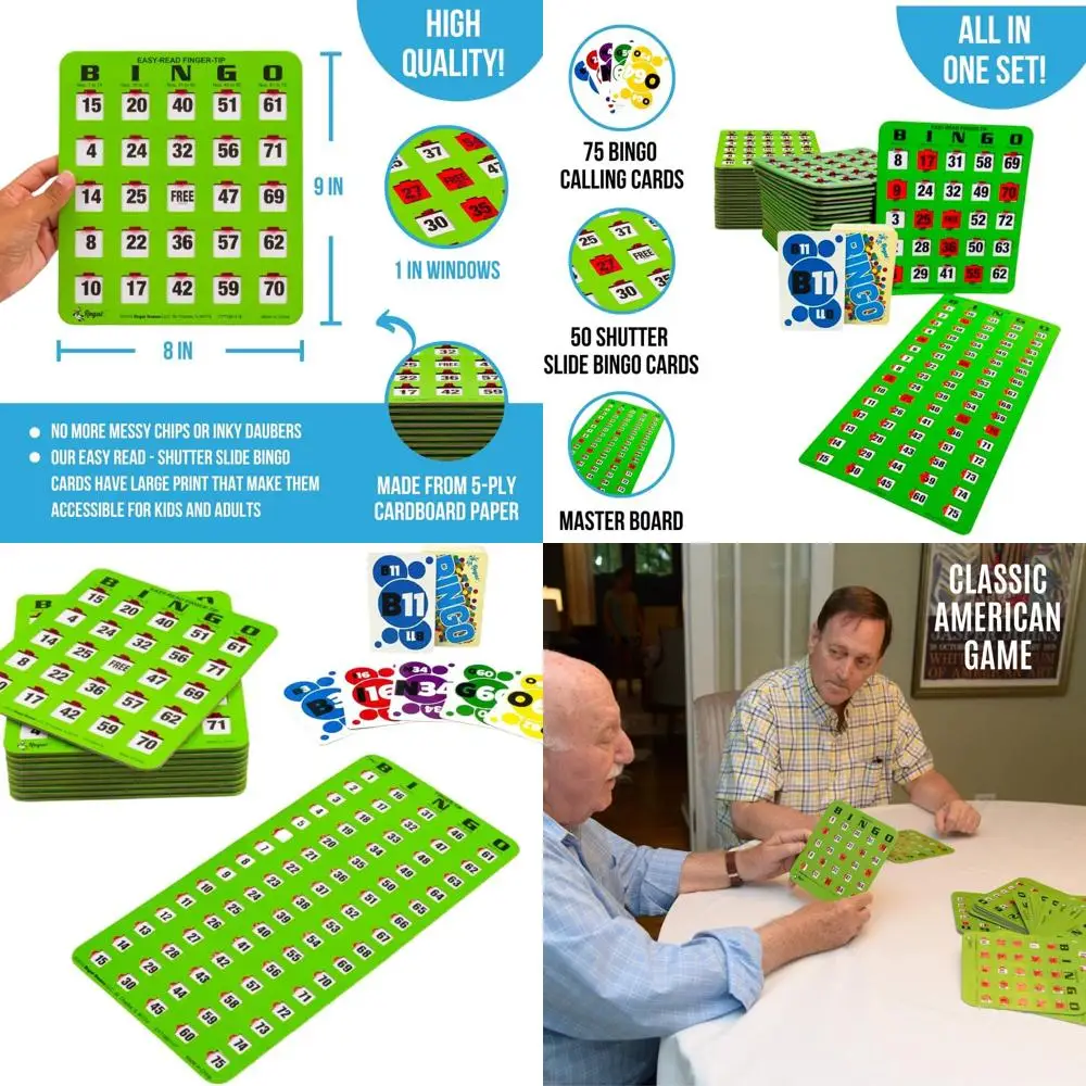 Family-Friendly Reusable Bingo Set: 50 Large Cards with Sliding Windows, 1 Master Board, No Markers Needed - Green
Family-Friendly Reusable Bingo Set: 50 Large Cards with Sliding Windows, 1 Master Board, No Markers Needed - Green