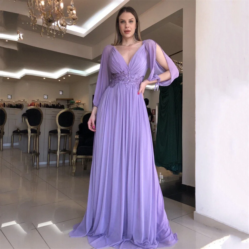 Лавандовое платье для выпускного вечера с длинными рукавами, элегантное шифоновое вечернее платье трапециевидной формы с ампирной талией, Vestidos De Noche, с v-образным вырезом по индивидуальному заказу
Лавандовое платье для выпускного вечера с длинными рукавами, элегантное шифоновое вечернее платье трапециевидной формы с ампирной талией, Vestidos De Noche, с v-образным вырезом по индивидуальному заказу