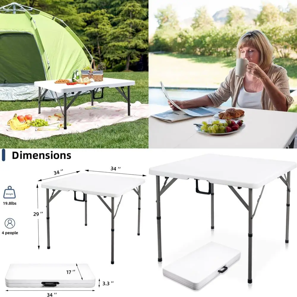Portable 34 Square Folding Card Table with Carrying Handle - Heavy Duty HDPE Plastic, Suitable for Indoor, Outdoor, Picnic, Camp
Portable 34 Square Folding Card Table with Carrying Handle - Heavy Duty HDPE Plastic, Suitable for Indoor, Outdoor, Picnic, Camp